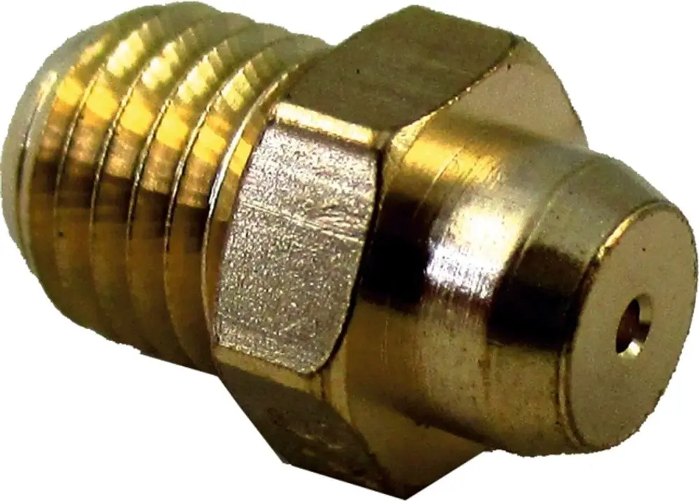 Gasbrennerdüse in Goldfarben, metallisch, mit Gewinde und einem kleinen Durchlass. Geeignet für Gasgeräte. Produkt von Wolf.